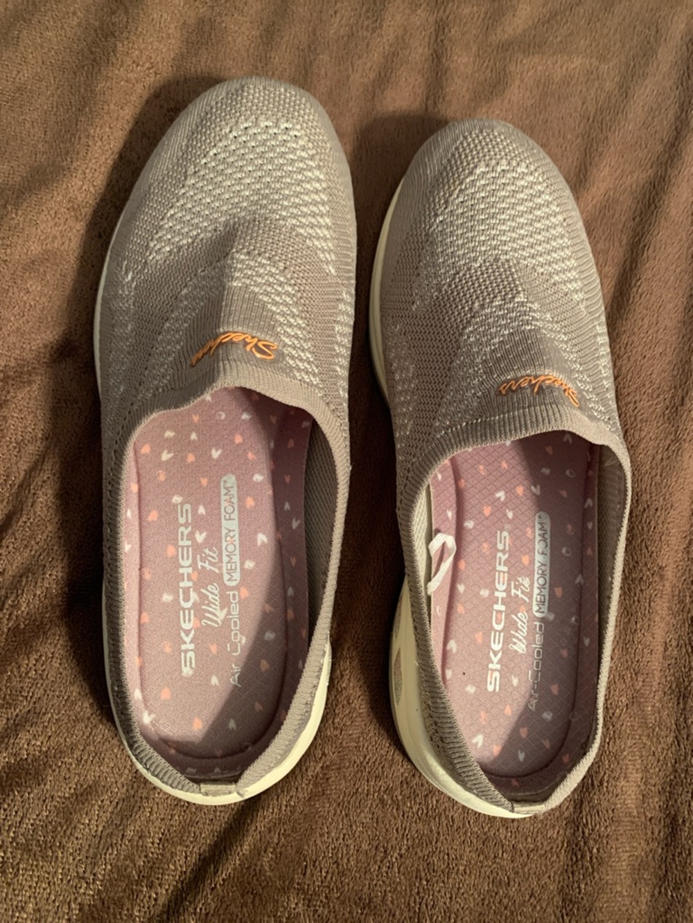 Skechers Slip-On Knit Mules in Taupe with Pink Insole
